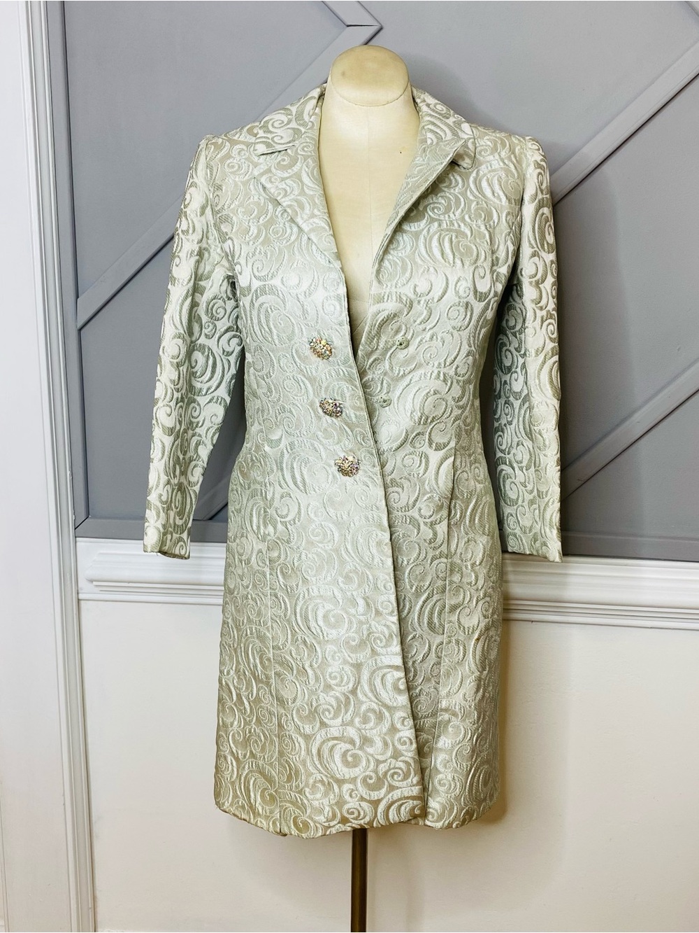 Vintage 1960s Montaldo’s Metallic Brocade Opera Coat Rhinestone Button Mod Small